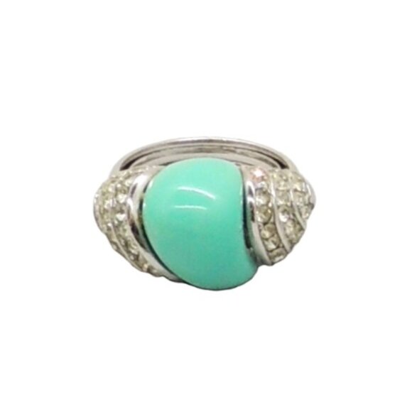 Vintage Signed Crown Trifari Faux-Turquoise & Clear Rhinestone Ring Size 5.5-7.5 - Picture 1 of 11